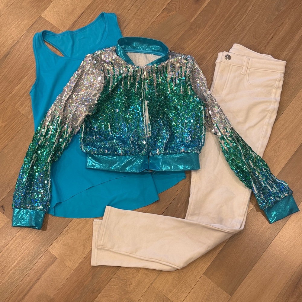 Sequin Ombre Teal Bomber Jacket with stretch jeans and blue tank- hip hop costum